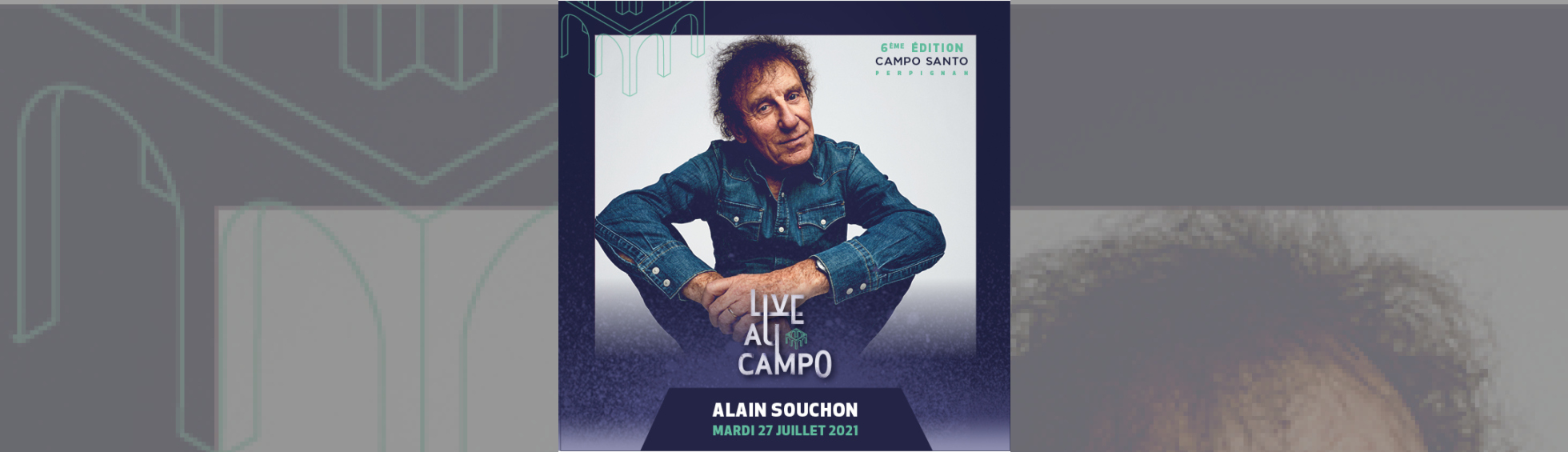 affiche concert Alain Souchon - photo couleur Alain Souchon assis en tailleur