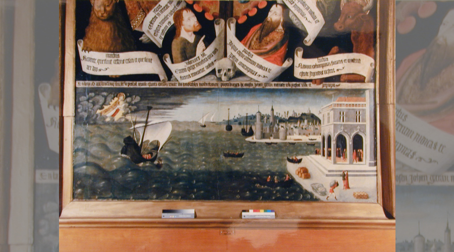 La loge mer est représentée sur ce tableau en bordure de mer symbolisant la puissance martime du royaume de Majorque