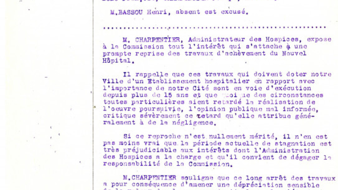 Extrait d'une délibération de la commission des hospices concernant les travaux du nouvel hôpital, AMCFP