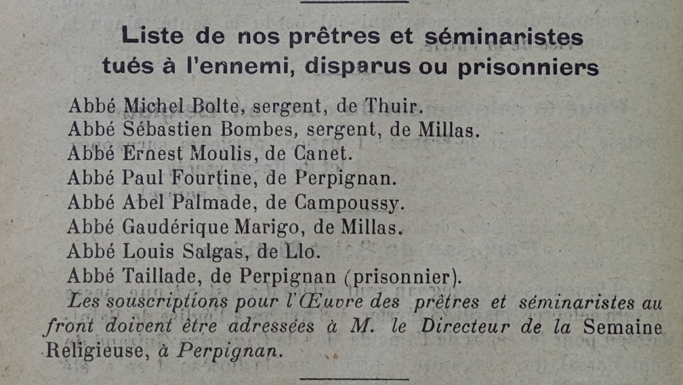 Une liste de prêtres tués au front publiée par la Semaine religieuse du diocèse de Perpignan