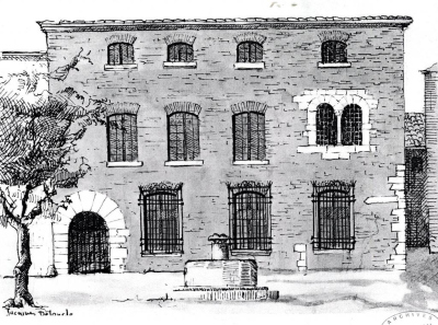 Gravure ancienne de la façade d'un batiment R+2 , porte monumentale, fontaine 