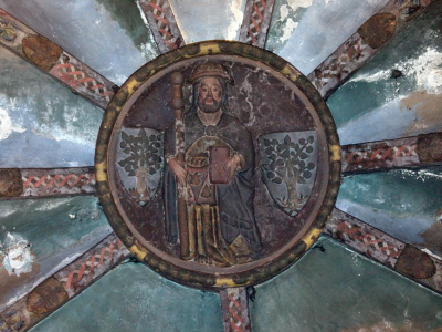 Médaillon circulaire montrant  saint jacques tenant la bible