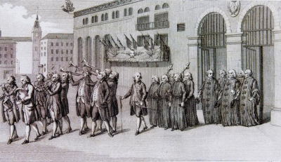 Les consuls portant une canne sortent précédés par une fanfare avec cornemuse, trompettes ,flutes 