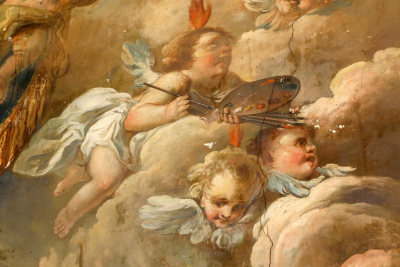 Détail des décors, angelot à la palette de peintre avec pinceaux