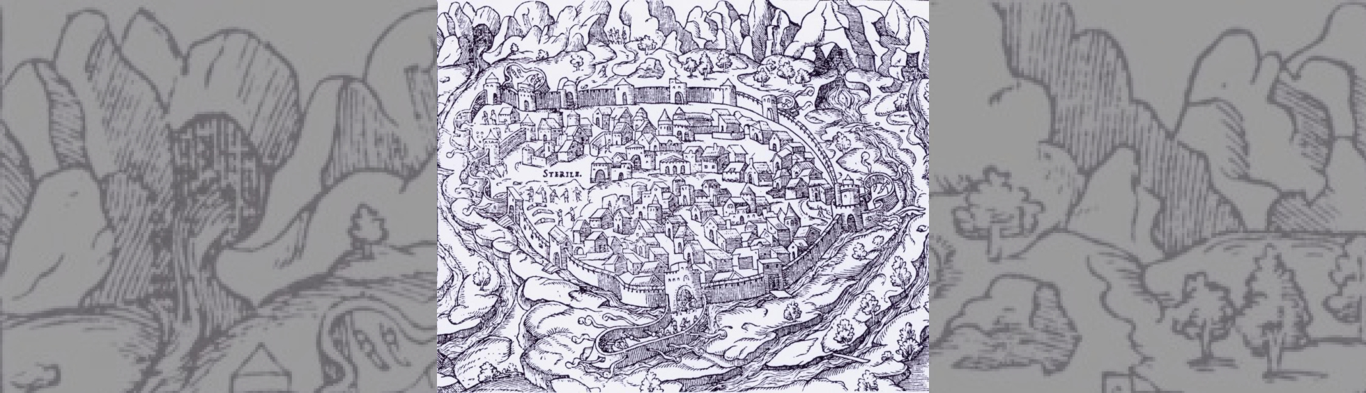  Perpignan vue du Nord avec une enceinte crénelée , le bastion du castillet, la tête en avant et des montagnes en fond