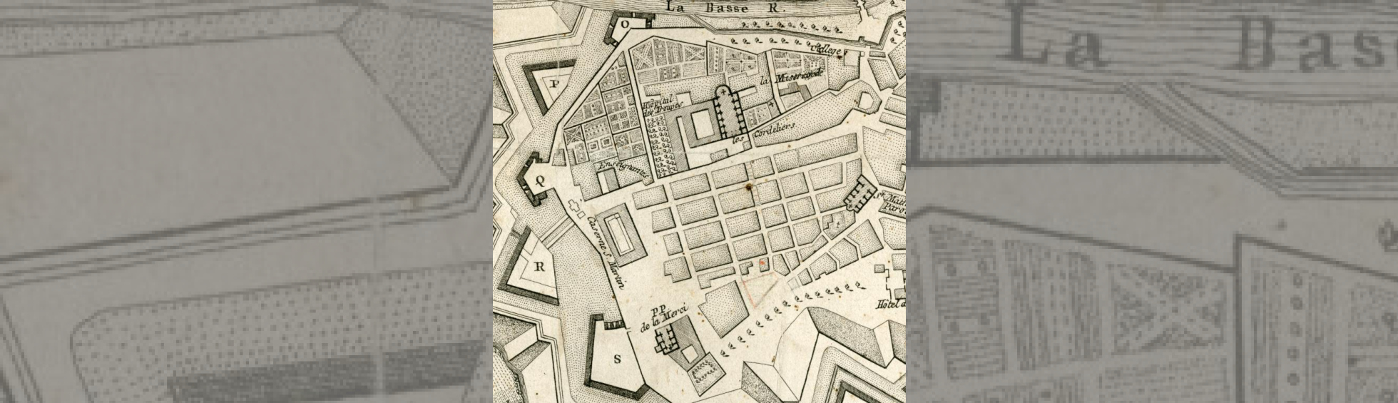 Plan montrant en haut le couvent des franciscains et ses jardins;en bas le quadrillage  des rues ; à gauche les remparts