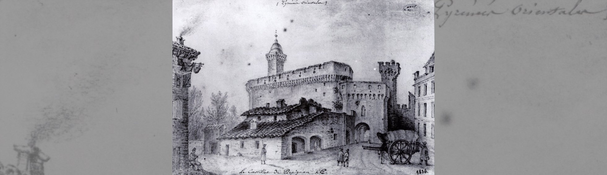 vue de 1836 intra muros du castillet   , une maison accolée au castillet et une charette