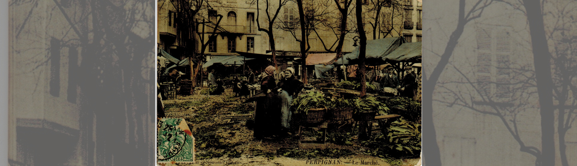 Le marché de plein air avant la construction du marché couvert: des femmes devant leur étal de légumes 