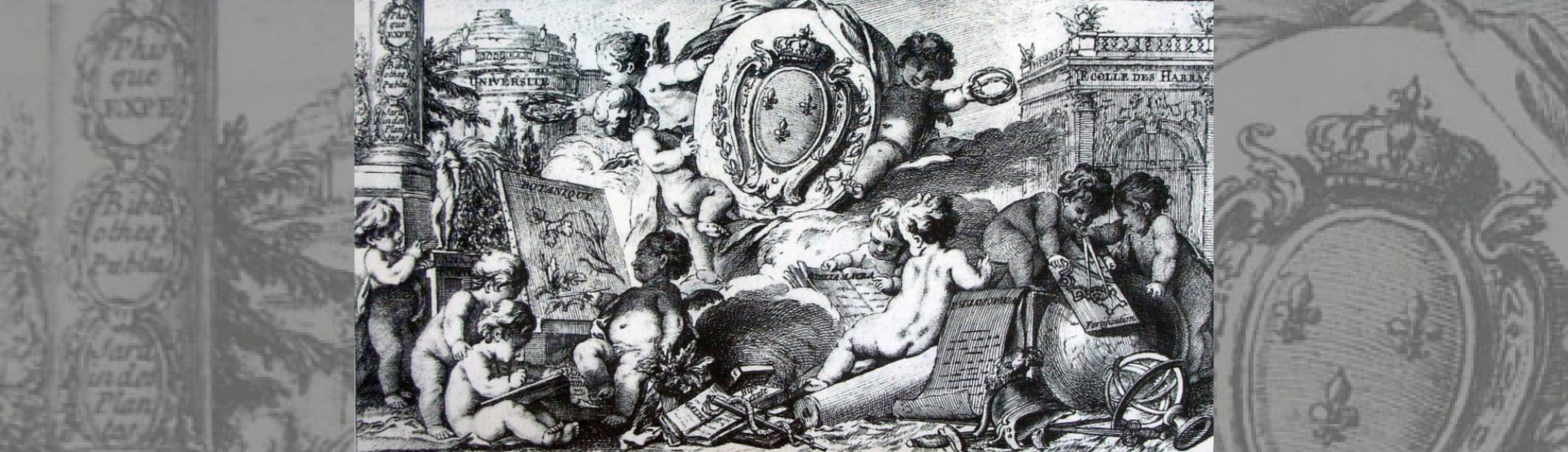 Des chérubins sont  devant l'université tenant les symboles de l'enseignement : caducée,pinceau ,compas,sphère céleste