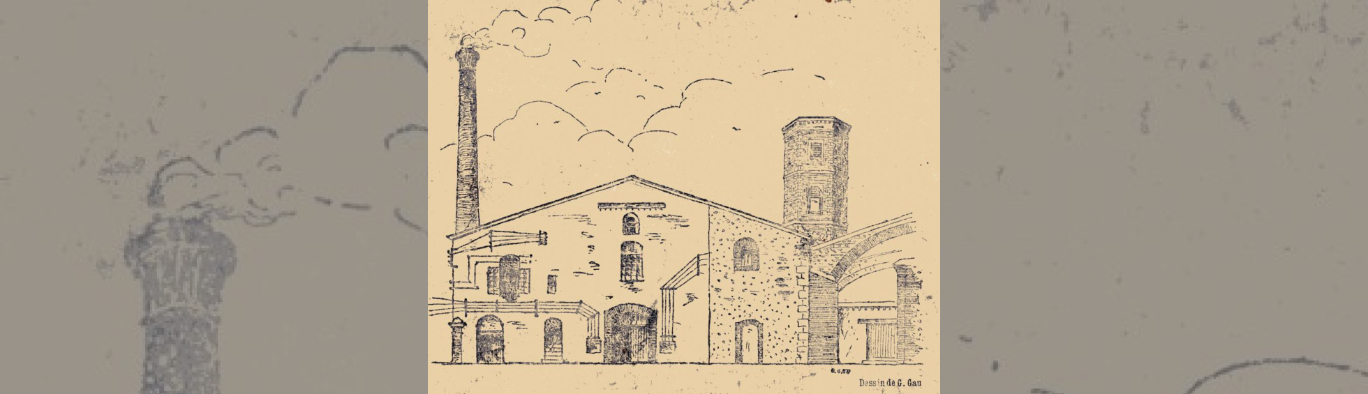 L'usine Bartissol installée dans St Jean le Vieux avec la tour du carillon à droite et la cheminée de la centrale électrique