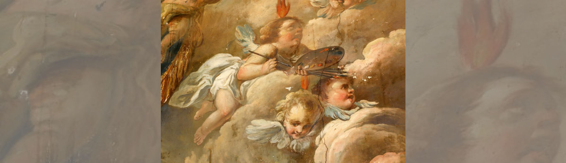 Détail des décors, angelot à la palette de peintre avec pinceaux