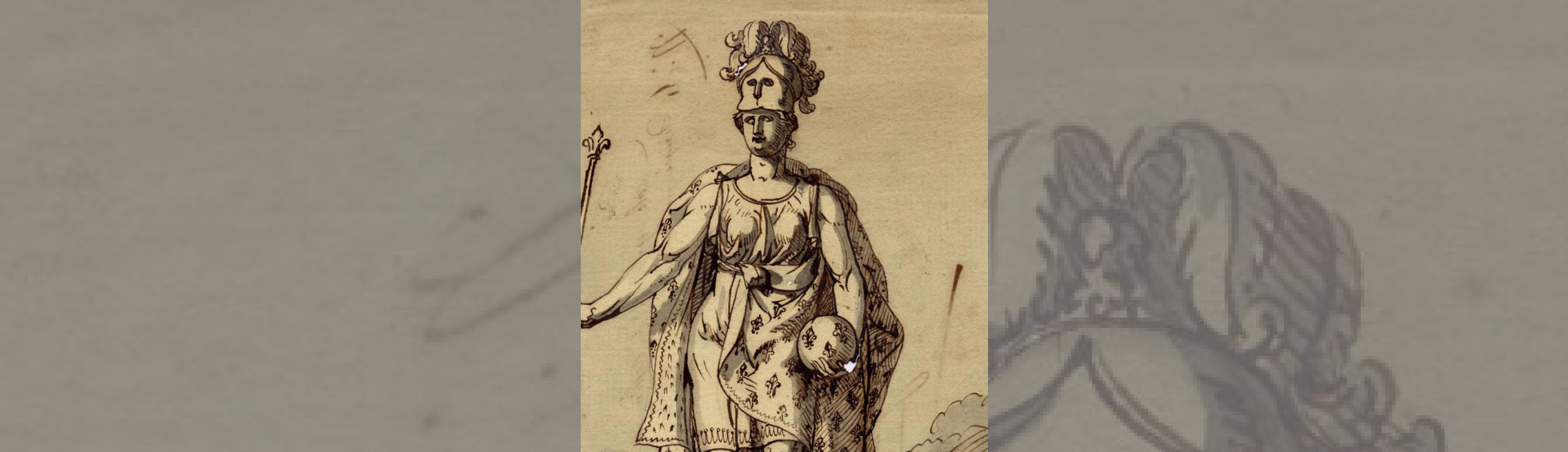 La déesse Minerve casquée revêtue d'une cape à fleurs de lis et tenant en main gauche un globe ;un sceptre en main droite
