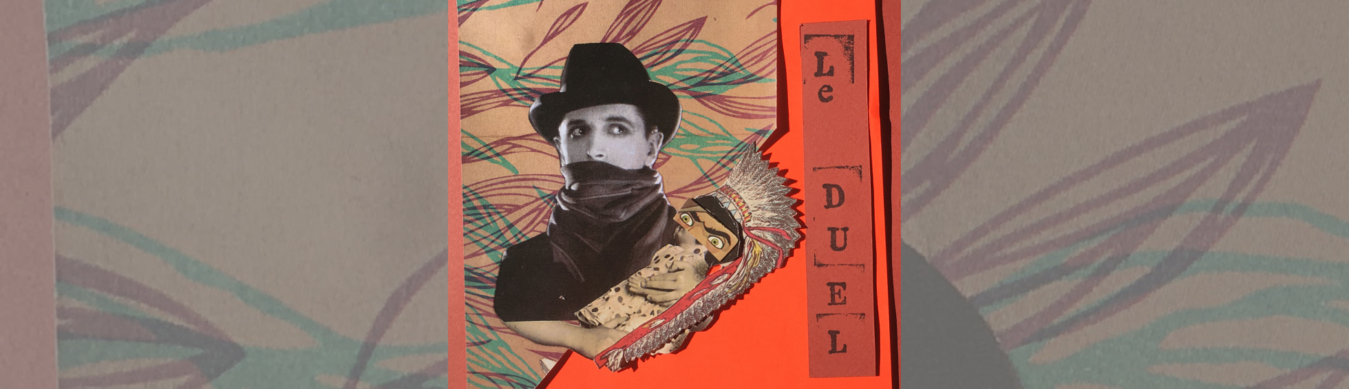 Visuel résidence artiste mois de février - image montage couleur et noir et blanc. Visage homme chapeau et foulard sur la bouche