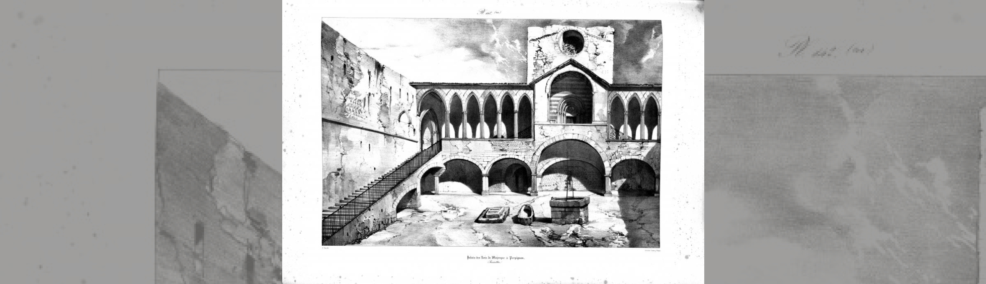 gravure montrant la galerie avec une ensemble de colonnade et arcs en ogive,le grand escalier d'accès au premier niveau