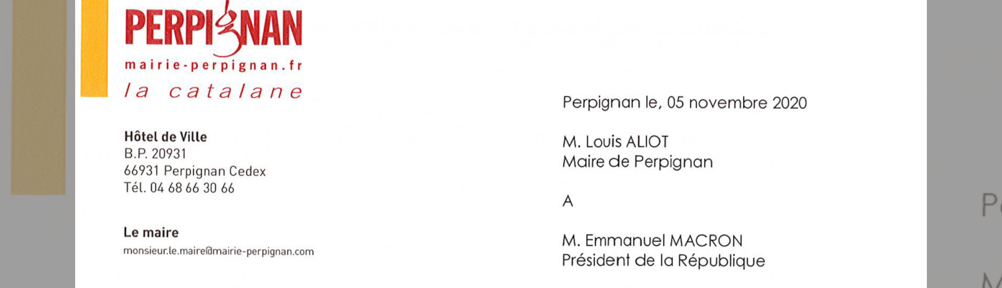 la lettre de Louis Aliot, Maire de Perpignan, A l’attention d’Emmanuel Macron, Président de la République.