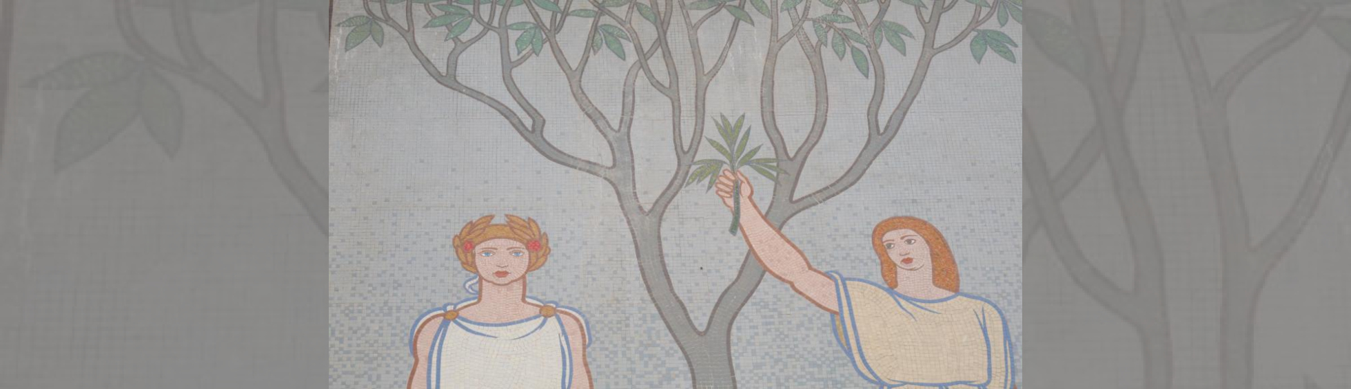 Deux jeunes filles sous un arbre: l'une tenant un rameau d'olivier , l'autre portant une couronne de laurier