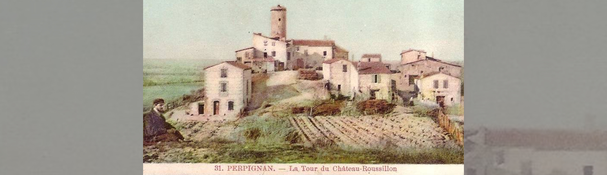 hameau de chateau roussillon: vue des maisons, champs et tour circulaire qui dominent la plaine