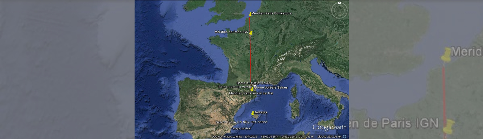 Vue aérienne Google Earth indiquant le méridien allant de Dunkerque à Barcelone 
