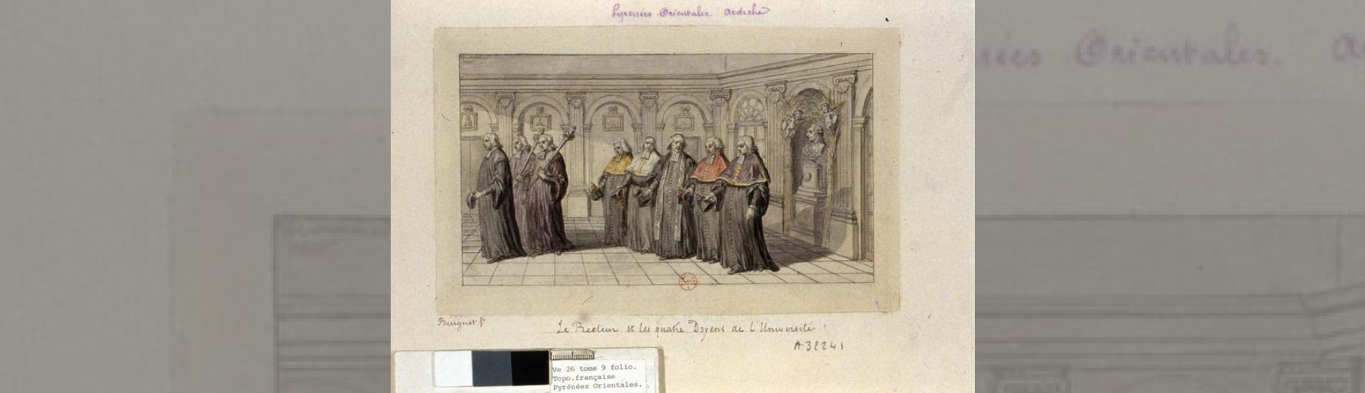 garvure montrant les enseignants en robe ecclésiastique devant un buste du Maréchal de Mailly.