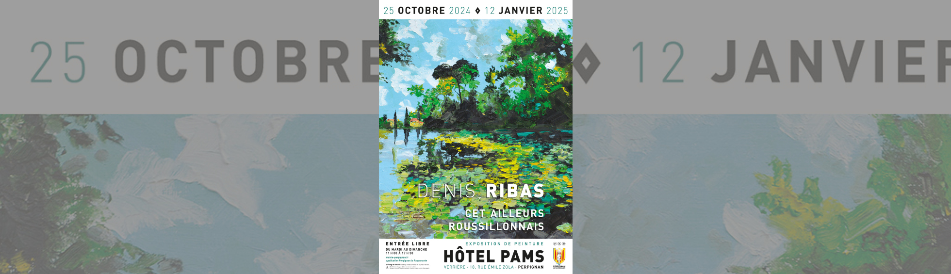 Affiche Exposition Denis Ribas peinture représentant un lac ombragé