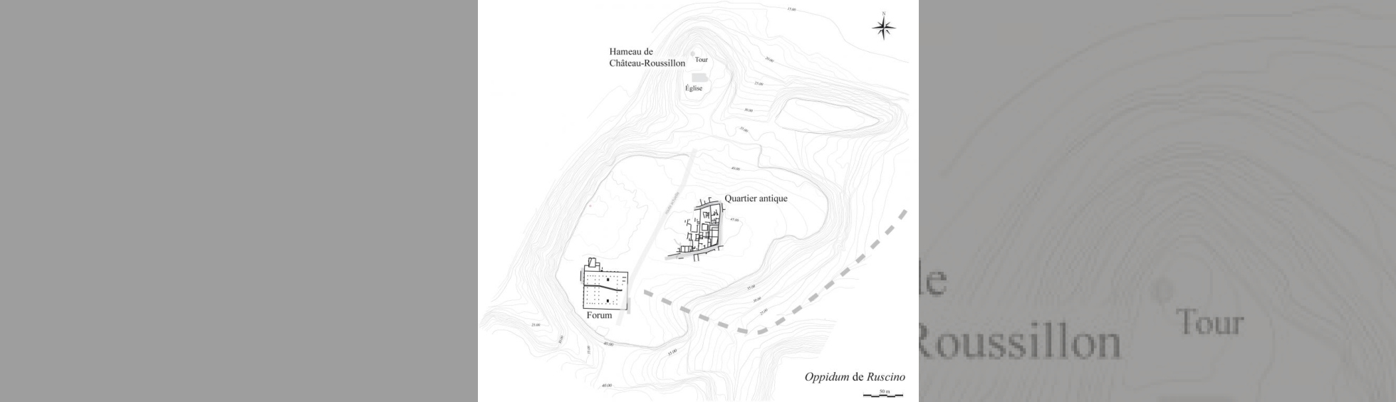 Plan des fouilles de Ruscino: à gauche le forum et la basilique ;à droite le quartier d'habitations