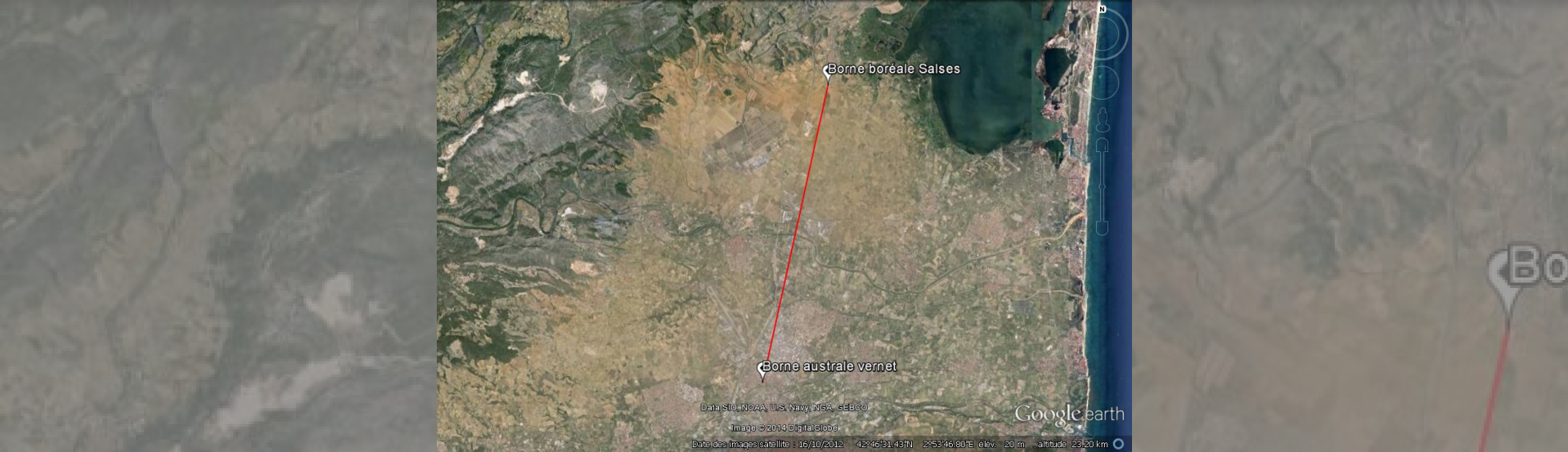 Vue aérienne représentant la ligne de mesure de distance entre les bornes de Perpignan et Salses