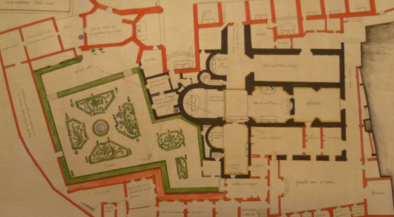 Plan d'une église à 3 nefs , du logement de l'archipretre et d'un jardin à la francaise