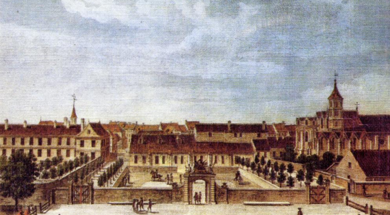 l'académie avec des cavaliers au milieu, à gauche le couvent des minimes et à droite  le couvent des dominicains  