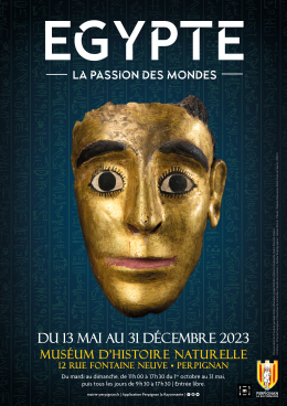 Exposition "Egypte La passion des Mondes" - Masque doré de Fayoum, période Gréco-Romaine, propriété de la Galerie Golconda, Saint-Paul-de-Vence