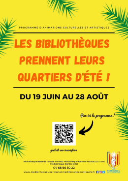 affiche du programme d'animations culturelles et artisiques des bibliothèques- affiche sur fond jaune avec renseignements diverses 