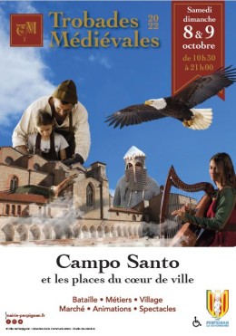 affiche Trobades Médiévales 2022 - visuel regroupant photo Campo Santo - joueuse de harpe - chevalier - artisan - faucon