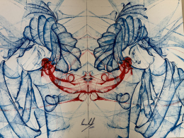 Exposition ALTERITE -© Balle perdue ou L’œil crevé. Dessin au fil et à l’encre sur toile, 100 x 66 cm, 2023.