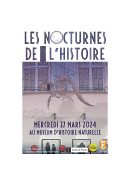 Les Nocturnes de l'Histoire - Affiche visuel d'un squelette d'un dinosaure suspendu devant un bâtiment