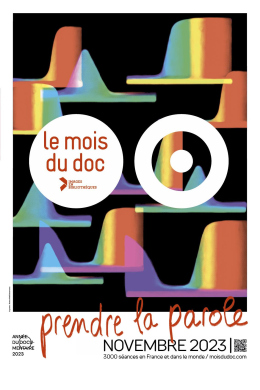 affiche le mois du doc prendre la parole - formes colorées orange, jaune, bleu